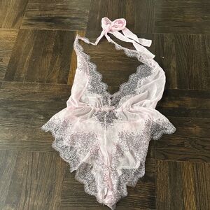 Used Once Victoria's Secret Pink and Black Lace Chemise Romper Size S